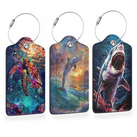 Colorful Turtle Shark 3 Pack PU Leahter Luggage Tag with Stainless Steel Loop, Cute Dolphin Jumping Sunset Travel Suitcase Labels with Privacy Cover ID Label Quickly Spot for Bags