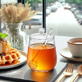 Amazing Abby - Debra - Plastic Honey Jar with Lid and Honey Dipper, Acrylic Syrup Jar with Lid, 14-Ounce Honey Dispenser, BPA-Free and Shatter-Proof, Honey Pot Container for Home and Commercial Use