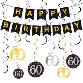 adakel 60th Birthday Decoration, Happy Birthday Banner and 60th Birthday Swirl Foil Spirals Ceiling Hanger for 60th Birthday Party Decoration Accessories