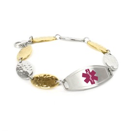 My Identity Doctor - Customized Medical ID Bracelet for Women with Engraving - 1.5cm Gold Tone Steel Petals - Purple - Wrist Size 6.75 Inch