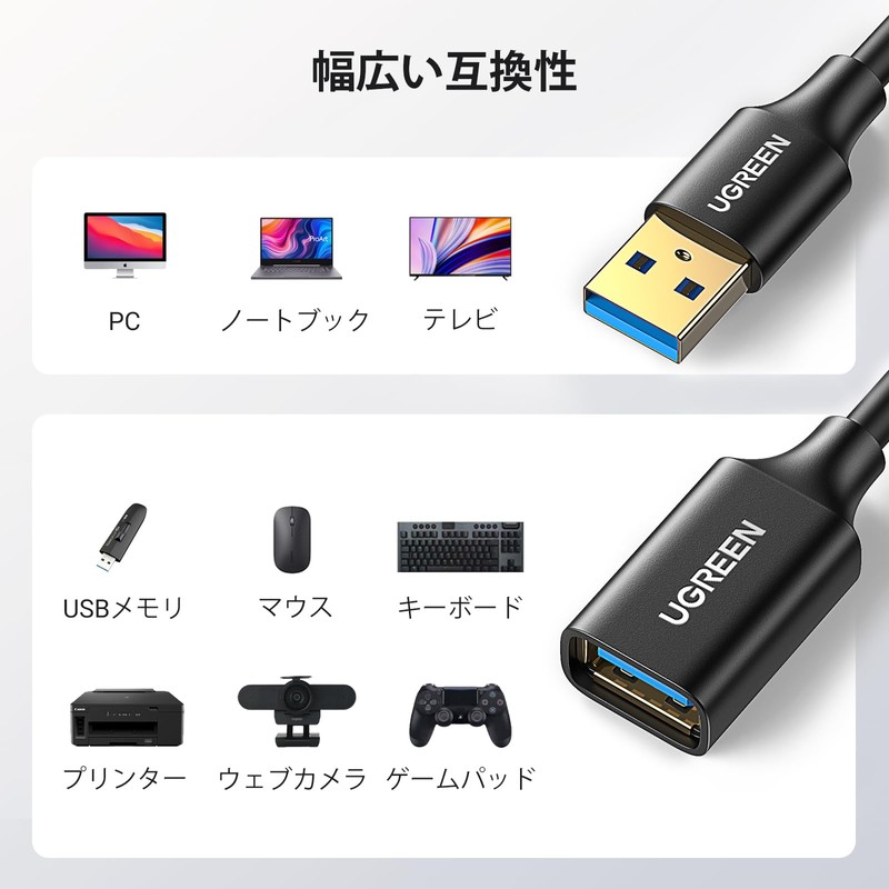 UGREEN USB 延長ケーブル USB3.0 延長コード 金メッキコネクタ 高速データ転送 タイプAオス - タイプAメス