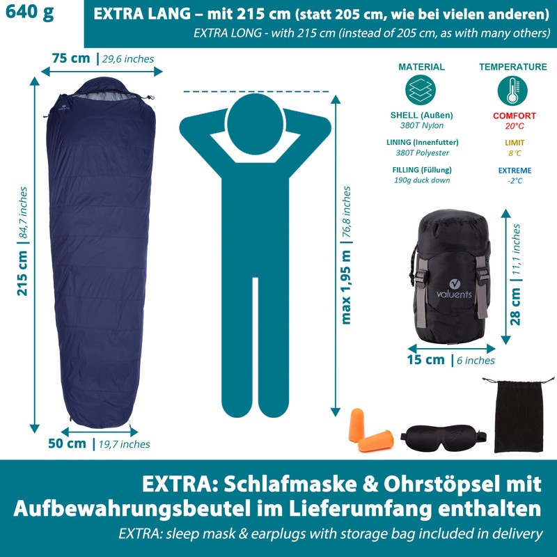 valuents Outdoor Down Sleeping Bag 215 cm – Ultralight and