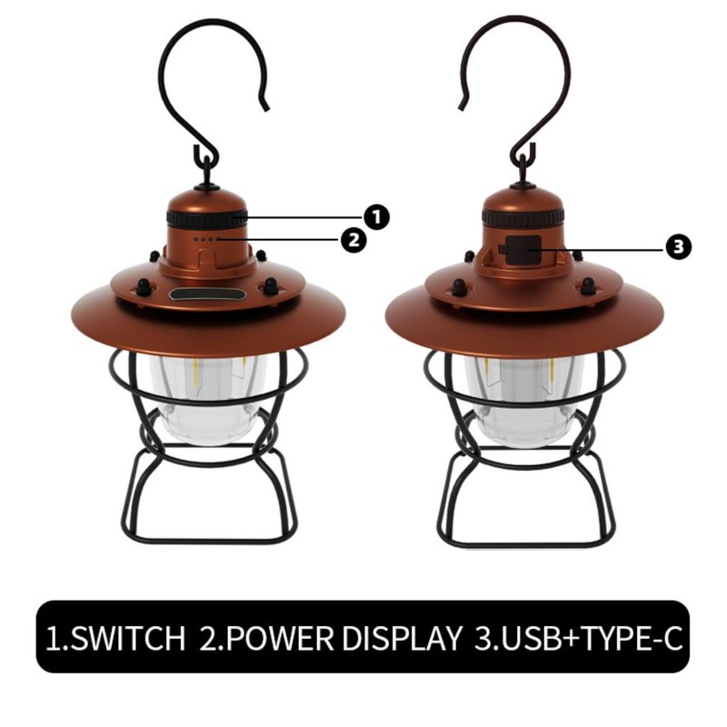 Outdoor Camping Lantern Portable Retro Camping Tent Light USB Rechargeable