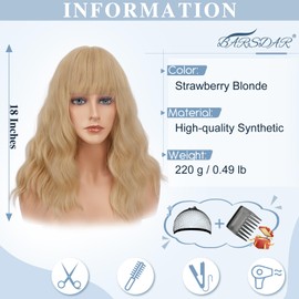 BARSDAR Wavy Medium Long Blonde Wig with Fringe, 46 cm Curly Wavy Wig with Fringe for Women Shoulder Length Hair Wig Synthetic Heat Resistant Wig Cosplay Party - Strawberry Blonde