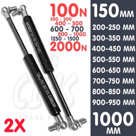 800N Universal Gas Struts, Set of 2 Pieces, Ball Joint Heads, Open Length From 150MM to 1000MM (250MM)