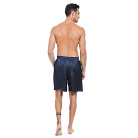 LEPTON Pantalones cortos de seda de morera de 19 mm para hombre, calzoncillos de seda, ropa de dormir relajada, bolsillos frontales, cintura elástica, Azul marino, Small