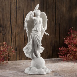Veronese Design 11 3/8 Inch Angel Holding Wreath Standing On Globe Resin Sculpture Marble White Finish