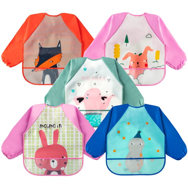 R HORSE 5Pcs Long Sleeved Bib for Babies Toddlers Waterproof Sleeved Bib with Crumb Capacity Pocket Animals Baby Bib Infants Feeding Bibs with Fox Penguin Pattern for Baby Shower Age 6-36 months