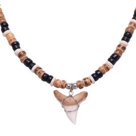 BlueRica Shark Tooth on Tiger Brown Coconut Shell Beads Necklace (18" 3L)