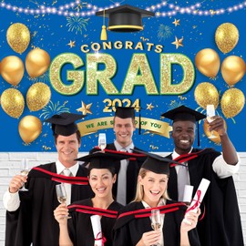 Blue and Gold Graduation Banner Congrats Grad 2024 We Are So Proud of You Banner Graduation Party Decorations 2024 - Class of 2024 Graduation Backdrop Graduation Party Supplies 2024-72x44 inch