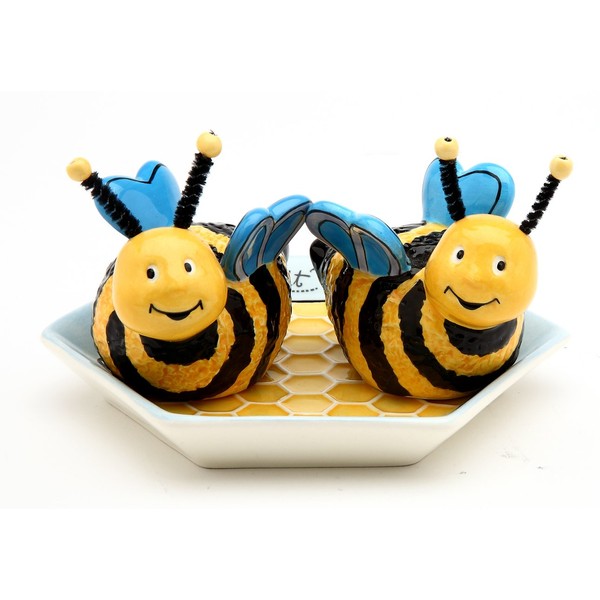 Appletree 2-Inch Ceramic Bee Salt and Pepper with Honeycombed Tray