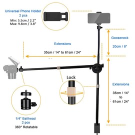Tentucro Camera Desk Mount Table Stand with Rotating Extension Arm Gooseneck Arm C Clamp 1/4 Inch Ball Head Phone Holder for Camera, Phone, Ring Light, Webcam (Combination)