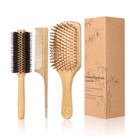 MenGate 3Pcs Bamboo Hair Brush Set for Hair Growth, Natural Bamboo Paddle Detangling Hairbrush Board Bristles Round Brush Wooden Rat Tail Comb for Women Men and Kids Massage Scalp