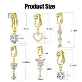 XFSRG Pack of 6 Fake Belly Button Piercings, Clip-On Belly Button Rings, Copper, Hypoallergenic, Fake Belly Button Piercing, Hanging Heart Butterfly for Women, Copper