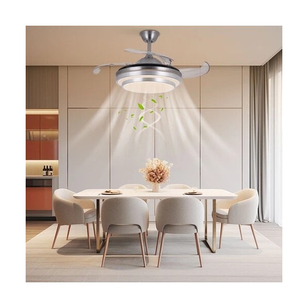 42" Retractable Ceiling Fan Lamp Dimmable LED Chandelier w/ Light