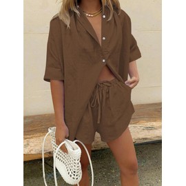 Fixmatti Summer Linen Set for Women Button Up Shorts Sets Half Sleeve Blouse 2 Piece Set Outfits Coffee M