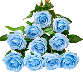 DuHouse - Ramo de 10 Rosas Falsas de Seda Artificial, Flores de Rosas sintéticas, Tallos Largos para arreglo, Centro de Mesa, Boda, Fiesta, hogar, Cocina, decoración (Azul Cielo)
