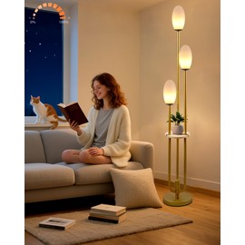 ACOHOOK Gold Dimmable Floor Lamp with Table, UniqueTall Standing Lamps with 3000K G9 Bulbs for Reading, Mid Century Modern Floor Lamp with 5Lbs Heavy Base for Living Room Bedroom Office