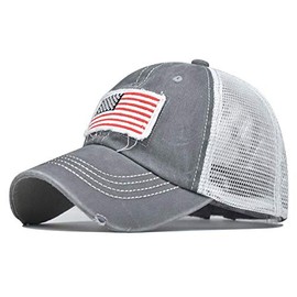 Distressed Ponytail Hat for Women American-Flag Pony Tail Caps High Bun (Mesh America Flag Grey, Adjustable)