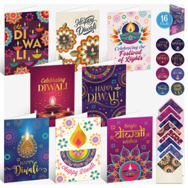 Decorably 16 Pack Gold Foiled and Glittery 5x7in Happy Diwali Cards with Envelopes and Stickers - 8 Elegant Designs Happy Diwali Card set with Printed Message Inside