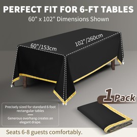 Teruntrue 1 Pack Black Tablecloth 60 x102 inch Polyester Table Cloth for 6 Foot Rectangle Tables,Gold-Thread Jacquard Trim Design, Wrinkle Resistant Washable Table Clothes for Wedding,Party,Banquet