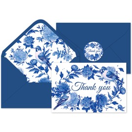Whaline 24Pcs Blue Floral Thank You Cards with Envelopes and Stickers Blue Flower Magpie Greeting Cards Flower Bird Blank Note Cards for Wedding Bridal Baby Shower