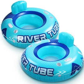 Glimin 2 Pcs Blue 53" Heavy Duty River Tube Float Inflatable Pool Floating Tube for Adult Large River Raft Water Chair Lounger with Mesh Bottom Backrest 2 Cup Holders and Handles, Holds 300lb