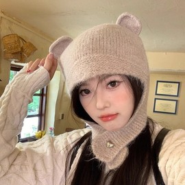 Cute Baby Bear Wool Knit Balaclava Hat for Women - One Size, Adjustable (LF1402) Khaki 4ea