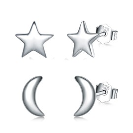 Shuxin Silver Stud Earrings for Women, 925 Sterling Silver Star Moon Stud Earrings Set, Hypoallergenic Small Sleeper Star Moon Studs, 2 Pairs 7mm Silver Stud Earrings Set for Women Girls