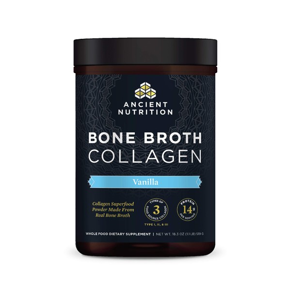 Bone Broth Collagen Powder Vanilla, Food-Sourced Hydrolyzed Multi Collagen Supplement, Supports Joints, Skin and Nails, Formulated by Dr. Josh Axe, Non GMO Made Without Gluten & Dairy, 18.3oz
