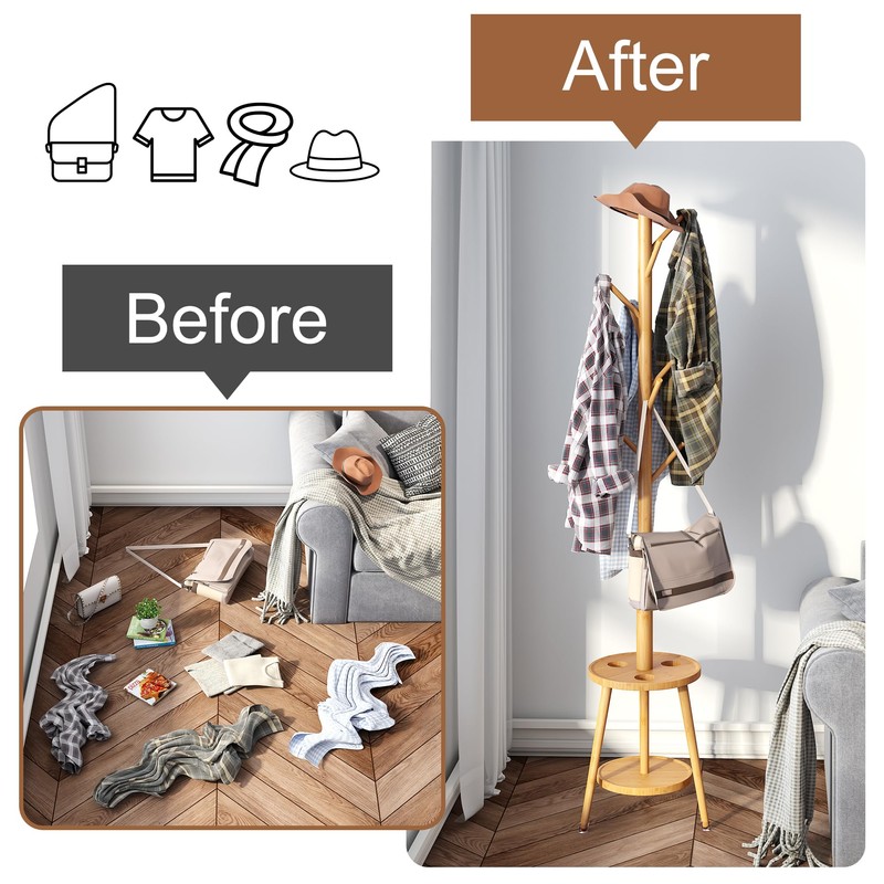 FILWH Freestanding Coat Rack with Umbrella Organizer Tray Bamboo Coat