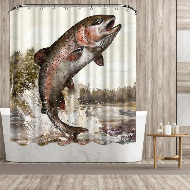 OuElegent Fish Shower Curtain Trout Fish Jumping Bathroom Curtain Lake