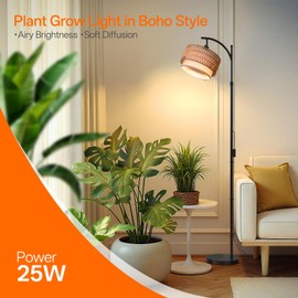 Bstrip 65-72.8 Inches Adjustable Grow Light for Indoor Plants, Boho Rattan & Fabric Shade Standing Grow Lamp, 25W 3000K Full Spectrum LED Plant Light with Auto On/Off Timer