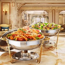 Chafing Dishes for Buffet 2 Pack, 5QT Food Warmers for Parties Buffet, Christmas Gatherings [Elegant Gold and Silver Colors] Stainless Steel Round Chafing Dish Buffet Set,Buffet Servers and Warmers
