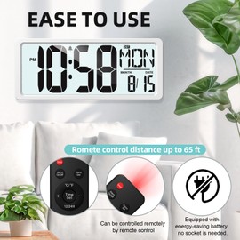 XREXS Large Digital Wall Clock Battery Operated with Backlight, 15" LED Large Display Timer with Temperature Date Week Auto DST Adjustable Brightness, Alarm Clock for Classroom, Livingroom, Office