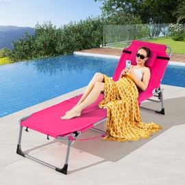 Tangkula Tanning Chair, Outdoor Folding Beach Lounge Chair with Face Hole, Adjustable Footrest, Removable Pillow, Storage Pocket, 5-Position Sunbathing Chair for Outside Beach (2, Pink)