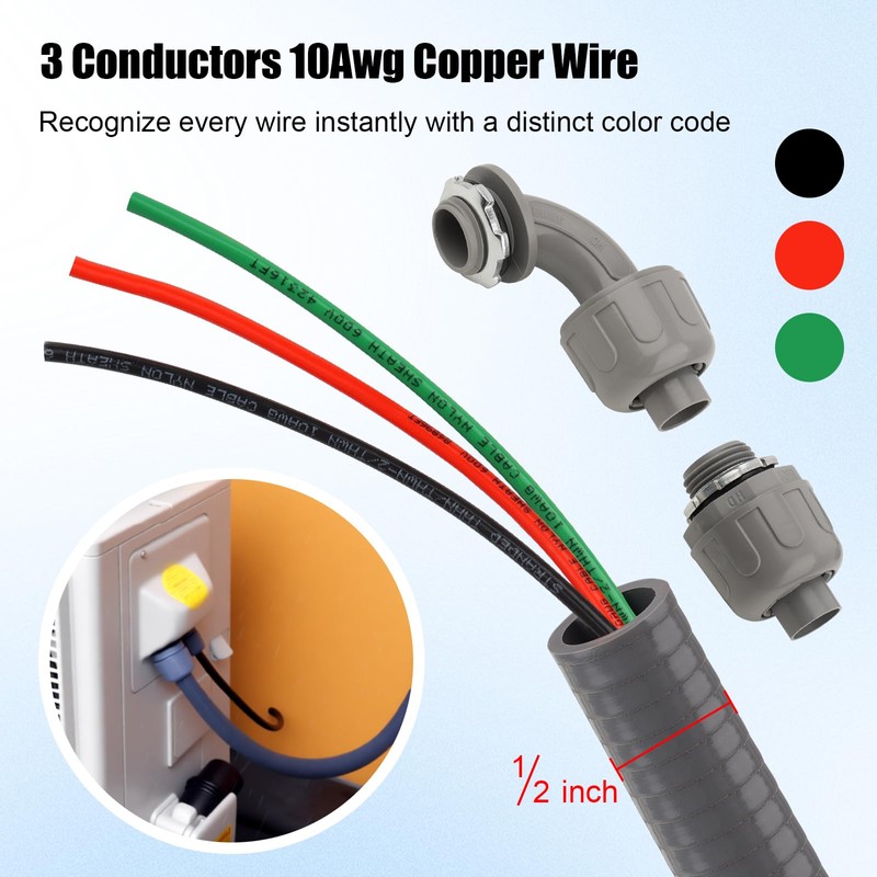 1/2Inch Power Whips Assembly, 8FT Nonmetallic Liquid Tight Flexible Conduit