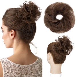 Hairro Messy Bun Hair Piece for Women, 100% Real Human Hair Updo Scrunchies Curly Wavy Fake Bun Hairpiece Extensions, Medium Brown