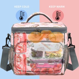 FlowFly - Bolsa de almuerzo reutilizable con aislamiento para adultos, grande para mujeres y hombres, con correa de hombro ajustable, bolsillo frontal con cierre y bolsillos laterales de malla