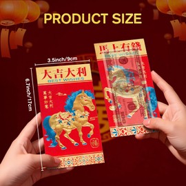 Paquesta 24 Pcs 2026 Chinese Year of the Horse Red Envelopes, 3.5" x 6.7" Large Sparkling Frosted Glitter Paper Money Envelopes for Chinese Lunar New Year, with Blessing Phrases