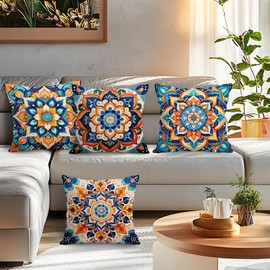 BEWQ Bohemian Mandala Floral Throw Pillow Covers, 18X18 inch Set of 4 Square Modern Outdoor Pillow Cases Decorative Cushion Covers, for Home Couch Sofa Car Decor