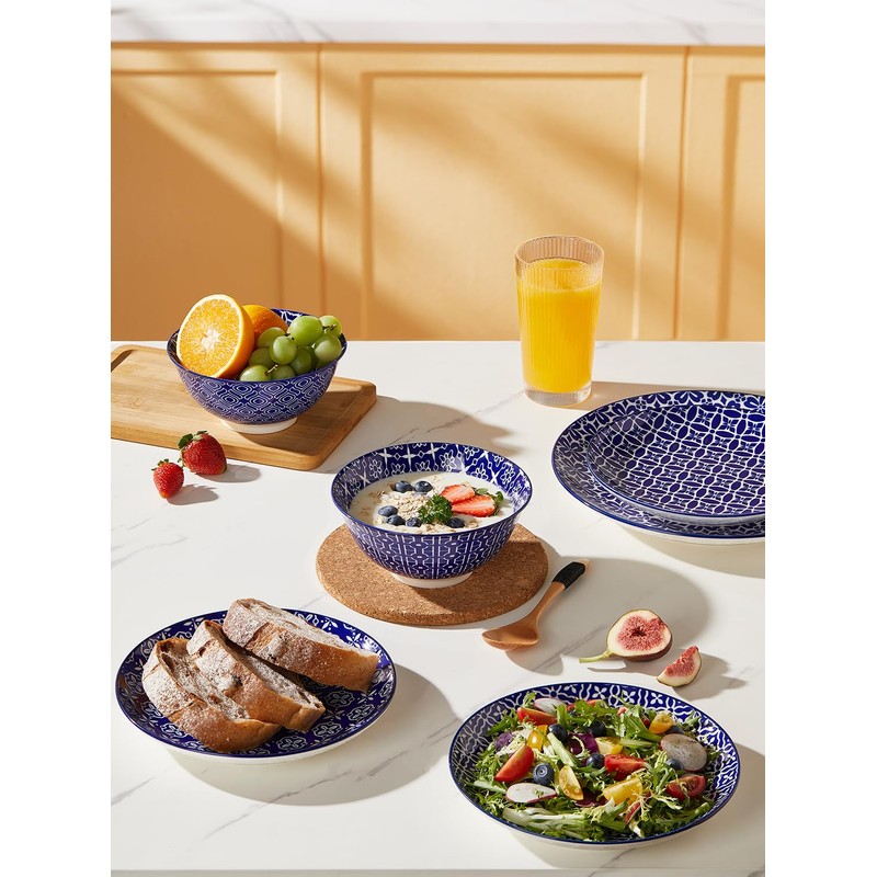 Metahom Ceramic Cereal Bowls, 23 Oz Blue and White Bowls,