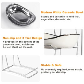 Fruit Bowl for Kitchen Counter, 3 Tier Fruit Basket for Counter, Ceramic Fruit Holder, Tiered Fruit Stand with Metal Stand, Detachable Fruit Rack for Fruit Vegetable Snack Dessert Storage (Silver)