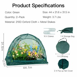 Pop up Gardening Net Cover,44x21.6x31.5 inches Pack of 2,Pest Guard Cover for Vegetables Fruits Durable Plant Gardening Net, Pop-Up Chicken Pen for Small Animals Outdoor Run and Pet Enclosure