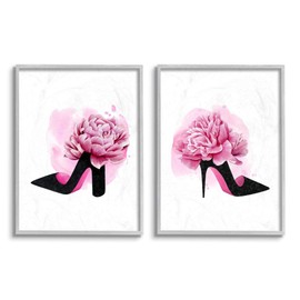 Stupell Industries Flower Heel Pink Black Glam Fashion Design, Designed by Grace Popp Wall Art, 2pc, Each 16 x 20, Grey Framed