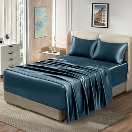 Homiest 4pcs Extra Deep Pocket Satin Sheets Queen Size Bed Set, 18-24 Inch Deep Pocket Bed Sheets Deep Sea Blue Satin Sheet Set, Silky Satin Bedding Set Soft Fitted Sheet Set Fits Ultra Deep Mattress
