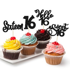 24 piezas de adornos de cumpleaños de dieciséis años con purpurina Hello 16 Sweet 16 Theme Magdalenas para cumpleaños, boda, compromiso, aniversario, fiesta, decoración de pasteles, suministros de color negro