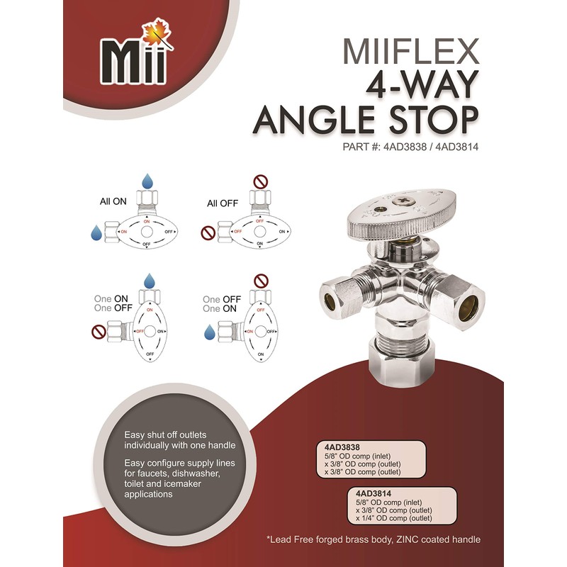 Dual Compression Outlet Angle Stop Valve, Plumbing Fitting, Quarter Turn,