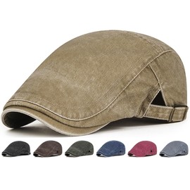 Initlove Mens Newsboy Cap Washed Beret Ivy Hat Flat Hats for Cabbie Driving Khaki