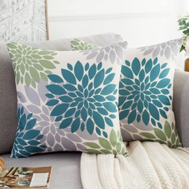 HomeStilez Cushion Covers Teal and Grey Cushion Cover 50 x 50 cm Flowers Summer All Year Round Flower Modern Outdoor Cushion Decorative Cushion Cover for Sofa Farmhouse Living Room Bedroom Pack of 2